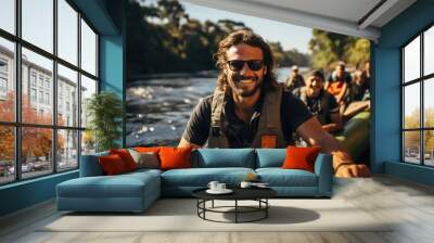 A lone man braves the calm waters, surrounded by the lively chatter and vibrant clothing of his companions, as he basks in the warmth of the sun and the joy of the open sky reflected in his mirrored  Wall mural