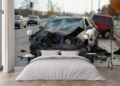 A once sleek car now lies broken and scrap on the street, its wheels and tires scattered across the ground, a victim of a tragic crash on the open road Wall mural