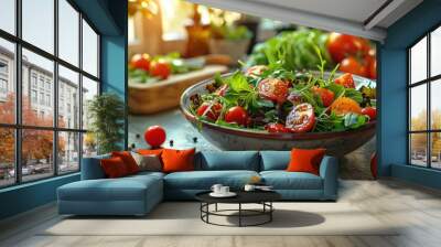 A refreshing and vibrant garden salad made with fresh greens, juicy tomatoes, and a colorful assortment of vegetables, captured in a sunlit indoor setting. Wall mural