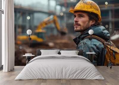 A rugged blue-collar worker donning a bright yellow hard hat and sturdy workwear stands proudly in front of a bustling construction site, his determined expression a symbol of strength and dedication Wall mural