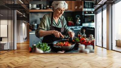 A senior woman is actively engaged in vibrant cooking within a modern kitchen, preparing a healthy meal with fresh vegetables, herbs, and spices, illustrating a passion for culinary arts. Wall mural