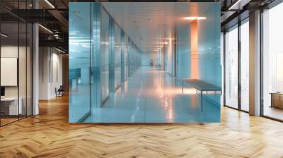 A sleek and modern art gallery beckons with its long, transparent hallway of gleaming aluminium and reflective glass doors, leading to a world of creativity and wonder Wall mural