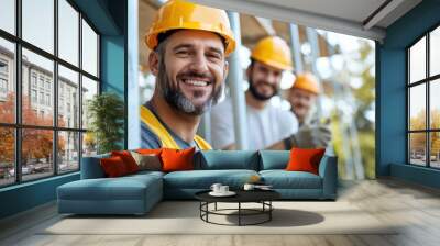 A smiling construction worker in a yellow hard hat and vest, standing confidently at the construction site with two coworkers in the background, embodying teamwork and job satisfaction. Wall mural