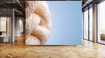 A tightly braided rope in beige color is presented close-up, contrasting beautifully against a cool blue background, suggesting strength and calmness in simplicity. Wall mural