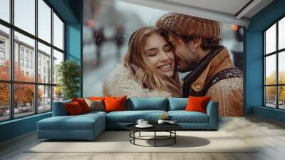 Couple sharing joyful cuddle in a snowy backdrop, grinning and close, dressed in winter gear, capturing warmth, happiness, and intimacy in a cold setting. Wall mural