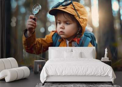 Curious little boy in a yellow jacket examines pine cones outdoors with a magnifying glass Wall mural