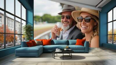 Friends in stylish casual wear enjoying a day out at a horse racing event, sharing smiles and drinks Wall mural