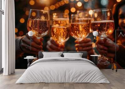 Friends toasting with sparkling champagne glasses against a backdrop of warm bokeh lights, symbolizing celebration and festive moments Wall mural