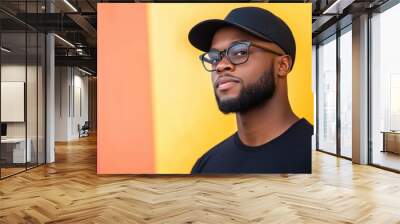 Portrait of a man wearing a black cap and glasses, posing in front of a strikingly colorful wall, showcasing a blend of modern style and confidence. Wall mural