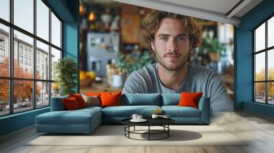 smiling young man with blue eyes and casual attire posing confidently in a well-lit, homey cafe envi Wall mural