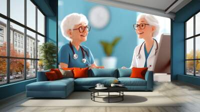 Two cartoonish female doctors sit conversing in a well-lit office setting with bright teal walls, examining information seen on their computer screen together. Wall mural