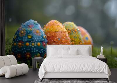 vibrant hand-decorated easter eggs lie on the misty green moss, covered in morning dew with a soft-f Wall mural