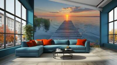 Wooden pier inviting towards a mesmerizing sunset over calm lake waters Wall mural