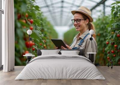 Farmers are using tablets to analyze data at their vegetable farm. Generative AI Wall mural