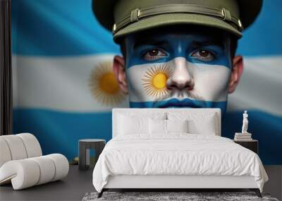 Soldiers with the Argentina flag painted on faces. Generative AI Wall mural