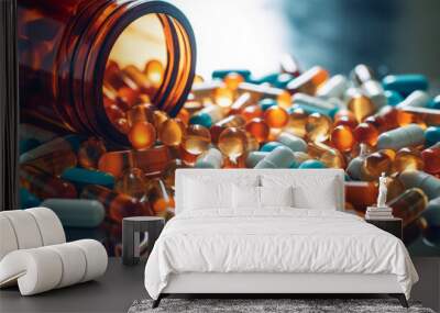 Prescription opioids, with bottle of many pills on the mirror light table. Concept of addiction, opioid crisis, overdose and medicine shopping. High quality image Wall mural