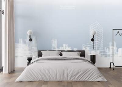 Abstract wireframe city background. Perspective 3D render of building wireframe. Vector. Wall mural