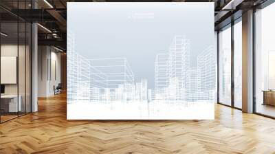 Abstract wireframe city background. Perspective 3D render of building wireframe. Vector. Wall mural