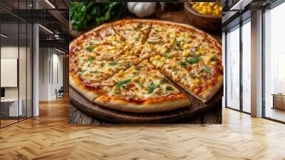 Hot delicious pizza with chicken, cheese and corn with cut piece served on rustic wooden table with ingredients, flat lay. Italian food, Generative AI Wall mural