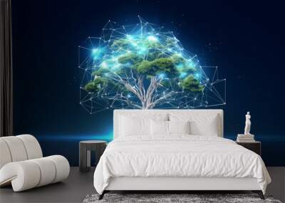 Tree growth as a leadership concept in digital futuristic polygonal style. Technological source of energy or artificial intelligence. Generative AI Wall mural