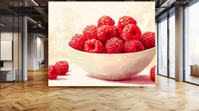 A bowl of fresh raspberries sits invitingly, with few scattered around, showcasing their vibrant red color and juicy texture. This delightful arrangement evokes sense of freshness and health Wall mural