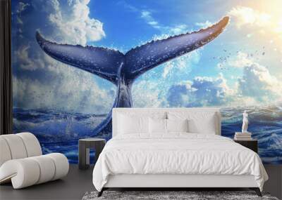 A majestic whale tail splashes in ocean, creating ripples under bright sky filled with clouds. scene captures beauty and power of marine life Wall mural