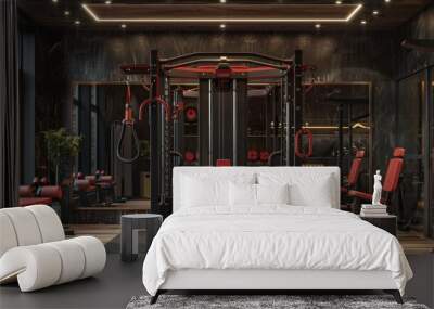 Luxury Home Gym with Advanced Weight Machine and Red Accented Equipment Wall mural