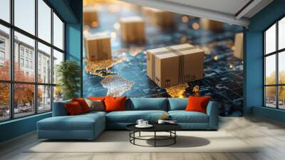 Shipping boxes on world map, symbolizing global logistics and e commerce. image captures essence of international trade and delivery services, highlighting connectivity Wall mural