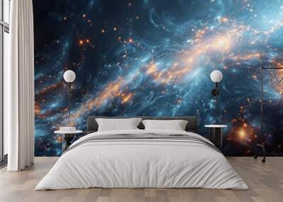 Stunning Cosmic Nebula with Blue and Orange Gaseous Clouds and Starry Lights in Deep Space Wall mural