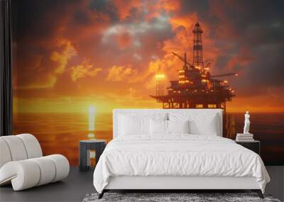 An ocean drilling platform bathed in orange dusk light, set in a still sea. Wall mural