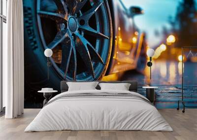 Close-up of sports car wheel on wet urban street Wall mural