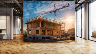 Construction of prefabricated building with crane and timber frames. Wall mural