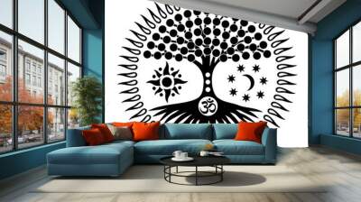 Mandala with the tree of life and the sign of Aum /om/ohm. Mystical and Spiritual symbol. The sun, the moon and the universe. Black and white graphics. Vector Wall mural