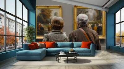 two elderly people, a man and a woman, stand with their backs to us, close-up in the museum, looking at paintings,  Wall mural