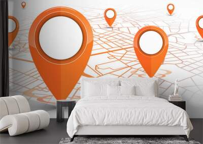 GPS navigator pin Orange color mock up wite map on white background Wall mural