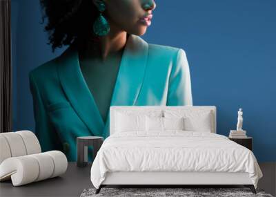  panoramic shot of african american woman in suit isolated on blue Wall mural