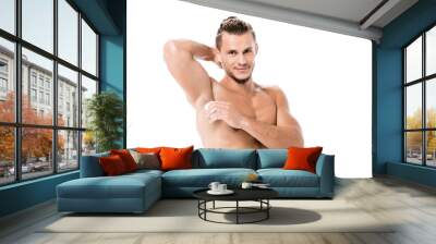  sexy shirtless man using deodorant isolated on white Wall mural