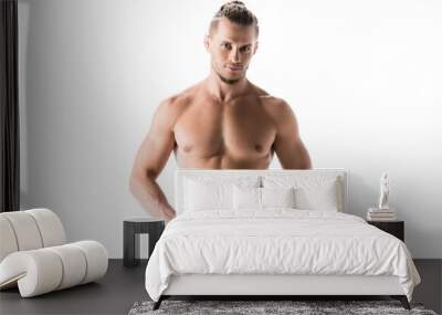  shirtless man in jeans posing isolated on white Wall mural