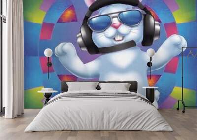 A cool cartoon rabbit wearing sunglasses and headphones, dancing to music in a colorful disco Wall mural