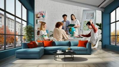 A group of teenagers engage in a lively discussion during a United Nations model session. Wall mural