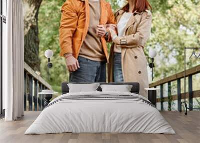 A man and woman in casual attire stand on a bridge with their dog in a park. Wall mural