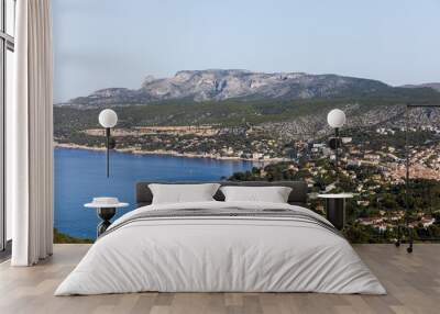 aerial view of beautiful village and sea harbour with yachts in Calanques de Marseille (Massif des Calanques), provence, france Wall mural