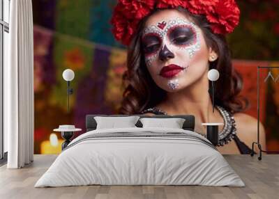 An eye-level shot of a young Latina woman with shimmering sugar skull face paint, her hair flowing, set against a backdrop of candles and papel picado, with shallow focus on her expressive eyes Wall mural