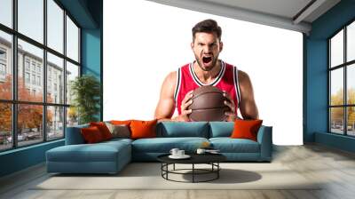 angry basketball player with ball Isolated On White Wall mural