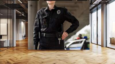 attractive female police officer in uniform looking at camera with blurred partner near car on background Wall mural