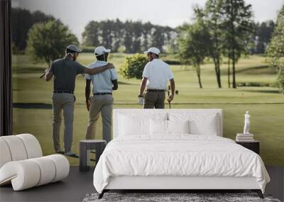 back view of multiethnic golf players hugging and walking on golf course Wall mural