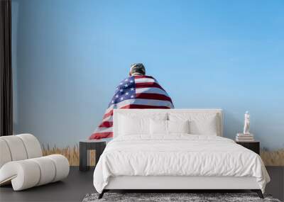 Back view soldier in cap and uniform holding American flag in field Wall mural