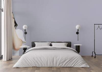 beautiful girl in white t-shirt suffering from headache isolated on grey, panoramic shot Wall mural