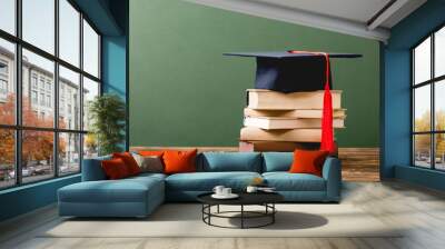 books and academic cap on wooden surface isolated on green Wall mural