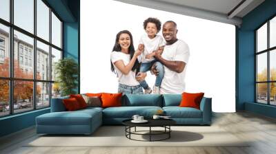 cheerful african american parents holding adorable son and smiling at camera isolated on white Wall mural